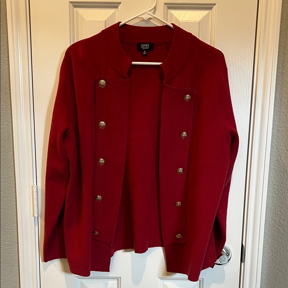 Jones New York Red Knit Double-Breasted Blazer with Gold Buttons